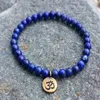 SN1106 Ganzes handgefertigtes Perlenarmband 6 mm Lapislazuli-Natursteinperlen Antikmessing Ohm Lotus Buddha Charm-Armband246f