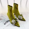 Bottes en daim à bout pointu, nœud orné de cristal, couture à la cheville, fermeture éclair latérale, talons aiguilles, bottines courtes d'hiver pour femmes