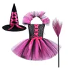 Vestidos da menina bruxa trajes de halloween para meninas roxo preto tutu vestido para crianças carnaval cosplay outfit com chapéu de vassoura 230920