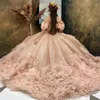 2023 Quinceanera Ball Gown Dresses V Neck Off Shoulder Sequined Lace Rose Gold Pink Flowers Ruffles Plus Size Prom Evening Gowns Corset Back