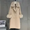 Womens Fur Faux panjang wanita wol kasmir dicampur mantel besar bulu rubah asli jaket mode musim dingin sabuk berkancing dua baris manset pakaian luar 230922