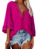 T-shirts pour femmes Femmes Mode 3/4 Bell Sleeve V Cou Chemise Dentelle Patchwork Casual Loose Tops