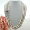 Kedjor 25 ''-27 "3Strands White Freshwater Pearl Necklace Zircon Connector