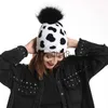 Beanie/Skull Caps New Fashion Cow Print Hat Warm Sticke Winter Real Fur Pompom Hatts For Women Girls Black Pom Beanie Cap Y201024 X0922