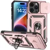 Étuis de béquille à anneau magnétique hybride antichoc pour iPhone 15 Pro Max 14 13 12 11 XR XS X 8 support double couche couvercle de protection d'objectif de caméra coulissante Funda