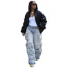 Damen-Jeans, modisch, gewaschen, abgenutzt, Cargo-Damen-Baumwolle, Vintage, lässige Denim-Hosen, High Street Y2k-Hose mit Taschen