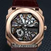 新しいOcto Finissimo 103667 Miyota Automatic Mens Watch Rose Gold Case Skeleton Dial Brown Leather Strap Gents Sport Watches TWBV TimeZoneWatch Z14a