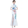 Ethnic Clothing Summer Improved White Phoenix Embroidery Cheongsam Women Elegant Chinese Style Short Sleeve High Split Qipao