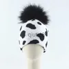 Beanie/Skull Caps New Fashion Cow Print Hat Warm Sticke Winter Real Fur Pompom Hatts For Women Girls Black Pom Beanie Cap Y201024 X0922