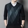 Мужские свитера с v-образным вырезом, вязаный свитер с ромбом, теплый кашемировый модный деловой бренд, мужская одежда, повседневный пуловер 230921