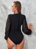 Womens Jumpsuits Rompers Black Mesh Vneck Jumpsuit Women Summer Commuting Longsleeved Onesies Casual Office Knitted Bodysuit 230922