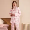 Damen-Nachtwäsche-Pyjama aus Satin mit langen Ärmeln, Blumendruck, hochwertige Eisseide, kann außerhalb des Hauses getragen werden 230922