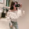 Damesblouses Overhemden Sexy off-shoulder damestops en blouses Mesh Sheer Puff Sleeve Tops Zomer 3D Bloem Vintage Wit Damesoverhemdblouse 230921