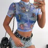 T-shirts pour femmes Femmes Summer Manches longues Mock Neck Crop Top Romantique Coloré Ange Cupidon T-shirt imprimé Voir à travers Mesh Party Club 4