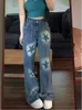 Mulheres Jeans Verão Cintura Alta Slim e Solto Design Sensação Nicho Irregular Luz Colorida Calças de Perna Larga Reta Jeans Femininos 230921
