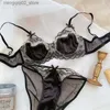 Bras Sets French Sexy Satin Embroidery Bra Set Women Ultra Thin Lace Flowers Underwear Romantic Bralette Breathable Bras and Panties Set Q230922