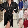 Pijamas femininos imitação de seda pijamas elegante solto ajuste manga longa envoltório hip split homewear roupão feminino mobiliário doméstico