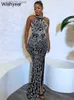 Abiti casual di base anno di lusso strass maglia di perline di cristallo fessura backless aderente maxi abito da sera di compleanno per le donne abito da festa di Natale T230922