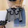 Conjuntos de ropa Ropa de baile 2023 Niñas para primavera y otoño Cuello de muñeca a rayas Suéter superior + Jeans con cuentas Conjunto para niños Traje de moda para niños 230922