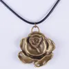 Pendant Necklaces 36 31MM Vintage Antique Bronze Metal Rose Flower Necklace Women Choker Wax Cord Rope Jewelry Fashion Jewellery