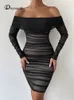 Basic Casual Dresses Dressmecb Off Shoulder Mesh Party Dress Women Clothing Sexy Club Backless Ruched Bodycon Dresses Long Sleeves Autumn Vestidos 230922