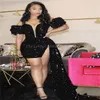 Plus Size Shiny Black Homecoming Dress 2024 Asymmetrisk kortärmad paljett Black Girls Prom Dress Glitter Cocktail Graduations Aso Ebi African Evening Dress 2023