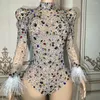 Stage Wear 2023 Sparkly Multi-coloured Rhinestones Long Sleeve Feathers Bodysuit Sexy Mesh Dance Costume Performance