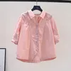 Kvinnors blusar Summer Fashion Polo Neck Kort ärmskjorta för kvinnor Splice Pink Loose Half Blue Casual Versatile Top Female Clothing