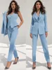 여자 2 피스 바지 밝은 파란 바지 정장 사무실 여성 세련된 턱시도 레이디 슈트 슬림 핏 캐주얼 3 조각 블레이저 조끼 세트