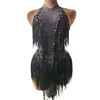 Scene Wear Nightclub Outfit Dance Costume One-Piece Sexy Performance Clothing Sparkly Black Stones Sequins fringes Leotard