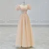 Etnik Giyim Vintage Şampanya Prom Elbise A-Line Square Yaka Puf Kılı