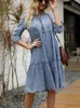 Vestidos casuais básicos denim mulher outono 2023 imitação roupas vintage sólida moda feminina vestido azul joelho comprimento o pescoço vestir 230922