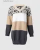 Basic Casual Dresses Women Chic Leopard Patchwork Pattern V Neck Long Sleeves Spring Autumn Knitting Dress Tops T230922