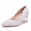 Klänningskor Autumn Women spets Vita bröllopspumpar Brud Fashion Sweet Square High Heels Party Dance Bridal Woman Big Size H0150 230921