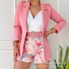 Survêtements pour femmes à manches longues blazer imprimé floral shorts ensemble avec ceinture deux pièces ensembles automne 2023 femmes manteaux pantalons courts slim décontracté