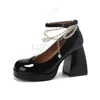 Elbise ayakkabıları bayanlar yüksek topuklular zarif yay kare ayak parmağı siyah moda kalın topuk düğün partisi inci dantel ayakkabı 231017