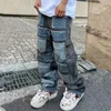 Herr jeans 2023 cyber y2k streetwear baggy staplade jeans byxor män kläder rak punk flera fickor denim byxor veter homme j230922