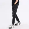 Men's Jeans Street Fashion Men Retro Black Gray Elastic Slim Fit Spliced Biker Zipper Designer Patched Hip Hop Pants Hombre