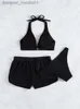 Womens Swimwear Womens Swimwear Women Swimsuit Bikini 2023 New Three Pieces Solid Black High Waist Bathing Suit Female Shorts Summer Bikinis Set Beach L230213 L2309