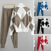 Women's Two Piece Pants 2 Pcs/Set Ladies Sweater Set Geometric Print High Collar Women Knit Suit Ankle-banded Casual Fall Trousers