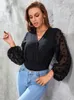 Womens Jumpsuits Rompers Black Mesh Vneck Jumpsuit Women Summer Commuting Longsleeved Onesies Casual Office Knitted Bodysuit 230922