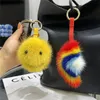 Plush Keychains Cute Rainbow Real Mink Fur Keychain Bag Charm Pendant Plush Smiley Ornaments Toy Car Key Metal Ring Trinkets Girl Birthday Gift 230922