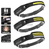 Huvudlampor Tobys USB-laddningsbar COB LED-strålkastarsensor Huvudlampa Ficklampe Head Torch 5 Belysningslägen Huvudljus med inbyggt batteri HKD230922