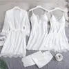 Sexy Pyjamas Sexy Full Slip Lace White Silk Pajamas Set Women Chemise Bride Wedding Robe Nightgown Sleepwear Kimono Bathrobe Lingerie 230922