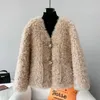 Womens Fur Faux Feminino Meninas Shearling Shearling Quente VNeck Casacos Senhora Mulheres Cordeiro Lã Curto Engrossar Sobretudo Top JT3360 230922