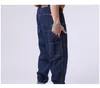 Мужские джинсы, джинсовые брюки в стиле сафари, мужские повседневные свободные прямые темно-синие брюки с несколькими карманами, хлопковые брюки с большими карманами, уличная одежда
