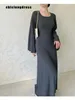 Grundläggande casual klänningar Autumn Winter Fashion Elastic Long Knitted a Line Dres rund nackbloss ärm spets upp 230922