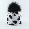 Beanie/Skull Caps New Fashion Cow Print Hat Warm Sticke Winter Real Fur Pompom Hatts For Women Girls Black Pom Beanie Cap Y201024 X0922