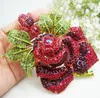 Broches 5 "luxuoso rosa vermelha flor folha de cristal broche feminino strass corpete