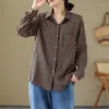 Camicette da donna Stile coreano Tasca manica lunga Chic Sciolto Vintage Autunno Camicetta a righe Camicie Moda Donna Primavera Outwear Casual Top